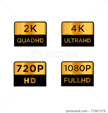 Golden video or screen resolution icons. Set from 4k ultra hd , 2k quad hd , 1080p full hd and 720p hd Golden video or screen resolution icons. Set from 4k ultra hd , 2k quad hd , 1080p full hd and 720p hd 77067379