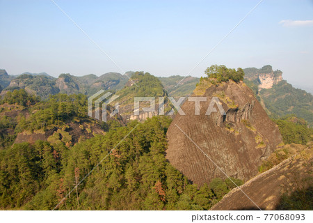 Wuyishan mountains in Fujian Province, China. Scenic view over the peaks of Wuyi mountains. A classic view of the hills from Roaring Tiger Rock. Wuyishan is a UNESCO World Heritage site in China. 77068093