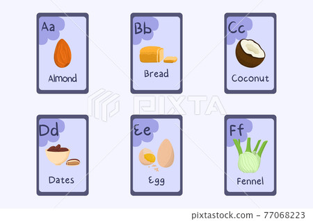 Colorful alphabet flashcard Letter A, B, C, D, E, F - almond, bread, coconut, dates, egg, fennel. 77068223