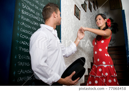 Flamenco dancers from Seville in Spain ready to dance in a typical Spanish venue Flamenco dancers from Seville in Spain ready to dance in a typical Spanish venue 77068458