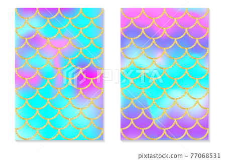 Set of holographic rainbow background. Mermaid gold scales. Hologram print for invitation card. Vector 77068531