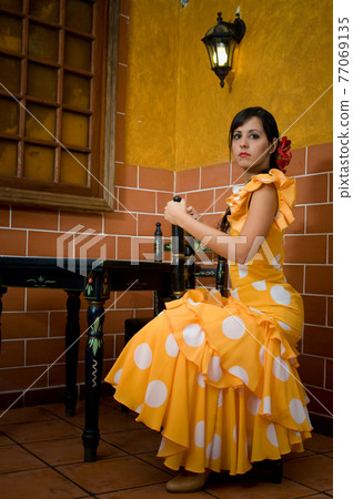 Flamenco dancer from Seville in Spain dancing in a typical Spanish venue 77069135