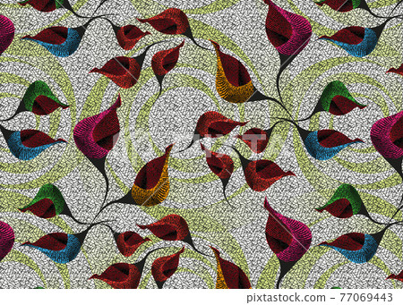 African Wax Print fabric, Ethnic handmade ornament design, tribal pattern motifs floral elements. Vector texture, afro colorful textile Ankara fashion style. Pareo wrap dress wedding flowers 77069443