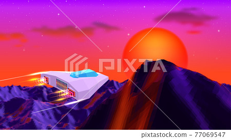 Arcade space ship flying to the sun over the landscape with 3D mountains, 80s style synthwave or retrowave illustration. 77069547