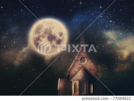 3D catholic church and full moon 3D catholic church and full moon 77069822