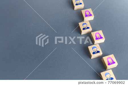 A row of blocks with employees. Recruiting and staffing. Search and recruitment of new employees. Human resources. Find best talent candidate for an open role job. Copy space. A row of blocks with employees. Recruiting and staffing. Search and recruitment of new employees. Human resources. Find best talent candidate for an open role job. Copy space. 77069902