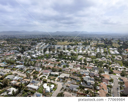 Aerial view of Cardiff, community in the incorporated city of Encinitas in San Diego County 77069984