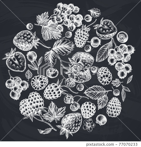 Round design with chalk strawberry, blueberry, red currant, raspberry, blackberry Round design with chalk strawberry, blueberry, red currant, raspberry, blackberry 77070233