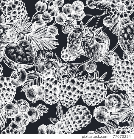 Seamless pattern with hand drawn chalk strawberry, blueberry, red currant, raspberry, blackberry Seamless pattern with hand drawn chalk strawberry, blueberry, red currant, raspberry, blackberry 77070234