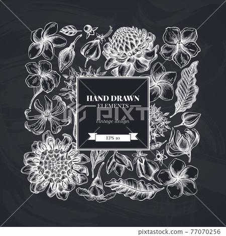 Square floral design with chalk plumeria, allamanda, clerodendrum, champak, etlingera, ixora 77070256