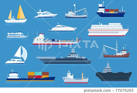 Sea boats. Fishing and cargo ships, yacht, shipping boat, cruise ocean liner, motorboat and military warship. Sailboat transport vector set 77070265