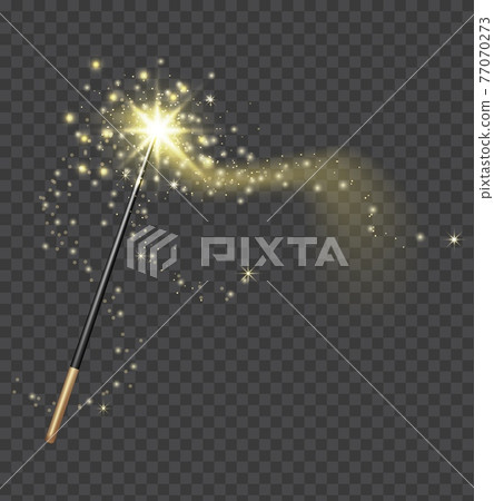 Magic wand. Realistic fairytale stick with golden sparkle trail. Fantasy glitter and shine star. Fairy wand and magical light vector concept Magic wand. Realistic fairytale stick with golden sparkle trail. Fantasy glitter and shine star. Fairy wand and magical light vector concept 77070273