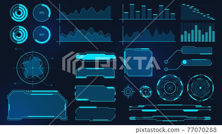 Cyberpunk graphs. Futuristic digital charts, bars, diagrams and frames for UI, HUD and GUI. Techno audio wave, border and button vector set 77070288