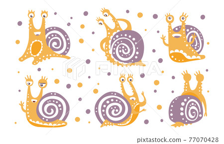 Cute Snail as Gastropod with Purple Coiled Shell Vector Set Cute Snail as Gastropod with Purple Coiled Shell Vector Set 77070428