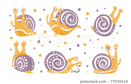 Cute Snail as Gastropod with Purple Coiled Shell Vector Set 77070429
