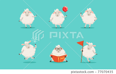 Cute Fluffy Sheep Reading Book and Holding Balloon Vector Set 77070435
