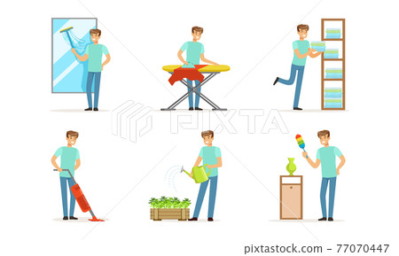 Happy Man Cleaning Mirror, Ironing, Folding Clothes on Shelves and Watering House Plants Vector Set 77070447