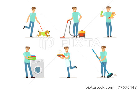 Happy Man Sweeping the Floor, Walking the Dog, Baking Pie and Nursing Baby Vector Set 77070448