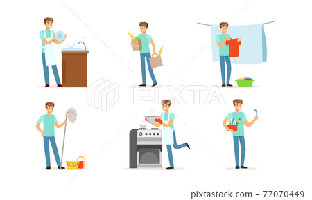 Happy Man Mopping the Floor, Washing the Dishes and Shopping at Grocery Store Vector Set 77070449