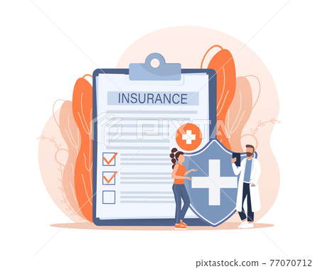 Vector illustration with health insurance concept. Big clipboard with doctor and woman. Healthcare, finance and medical service. Vector illustration in flat style. 77070712