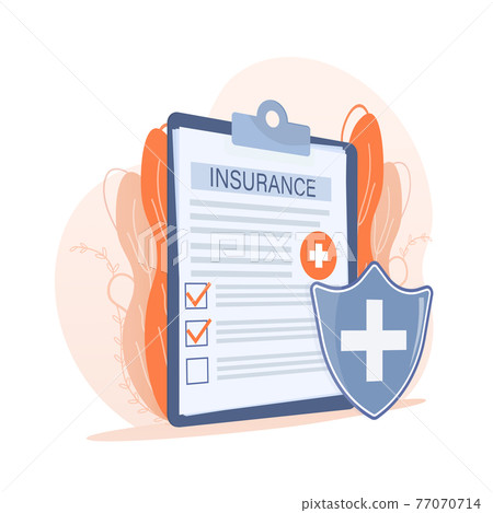 Vector illustration with health insurance concept. Big clipboard with doctor and woman. Healthcare, finance and medical service. Vector illustration in flat style. Vector illustration with health insurance concept. Big clipboard with doctor and woman. Healthcare, finance and medical service. Vector illustration in flat style. 77070714