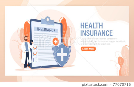 Vector illustration with health insurance concept. Big clipboard with doctor and woman. Healthcare, finance and medical service. Vector illustration in flat style. Vector illustration with health insurance concept. Big clipboard with doctor and woman. Healthcare, finance and medical service. Vector illustration in flat style. 77070716