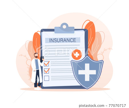 Vector illustration with health insurance concept. Big clipboard with doctor and woman. Healthcare, finance and medical service. Vector illustration in flat style. Vector illustration with health insurance concept. Big clipboard with doctor and woman. Healthcare, finance and medical service. Vector illustration in flat style. 77070717