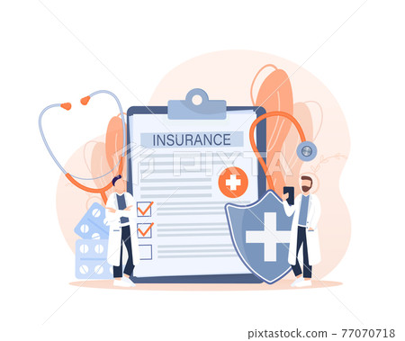 Vector illustration with health insurance concept. Big clipboard with doctor and woman. Healthcare, finance and medical service. Vector illustration in flat style. Vector illustration with health insurance concept. Big clipboard with doctor and woman. Healthcare, finance and medical service. Vector illustration in flat style. 77070718