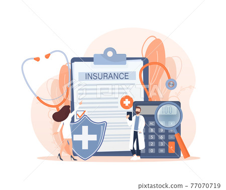 Vector illustration with health insurance concept. Big clipboard with doctor and woman. Healthcare, finance and medical service. Vector illustration in flat style. Vector illustration with health insurance concept. Big clipboard with doctor and woman. Healthcare, finance and medical service. Vector illustration in flat style. 77070719