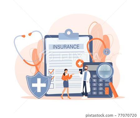 Vector illustration with health insurance concept. Big clipboard with doctor and woman. Healthcare, finance and medical service. Vector illustration in flat style. Vector illustration with health insurance concept. Big clipboard with doctor and woman. Healthcare, finance and medical service. Vector illustration in flat style. 77070720