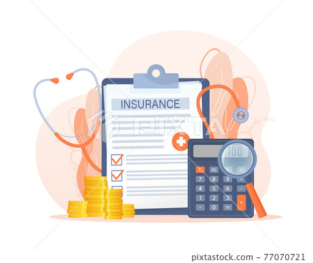 Vector illustration with health insurance concept. Big clipboard with doctor and woman. Healthcare, finance and medical service. Vector illustration in flat style. Vector illustration with health insurance concept. Big clipboard with doctor and woman. Healthcare, finance and medical service. Vector illustration in flat style. 77070721