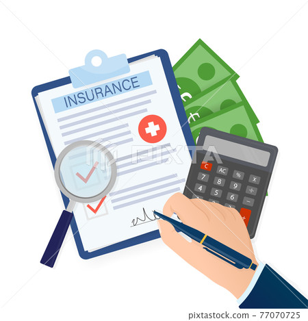 Business card with medical insurance men hand for medical design. Business card. Vector flat illustration. 77070725