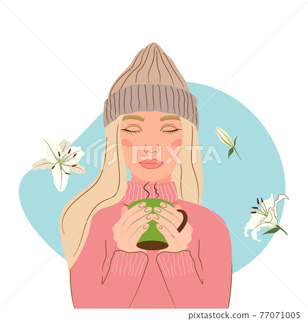Beautiful Girl holding coffee cup in fashion style on white background. Vector illustration. 77071005