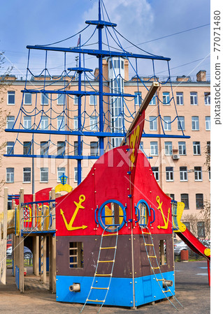 A colorful children playground in the form of a sailing ship A colorful children playground in the form of a sailing ship 77071480