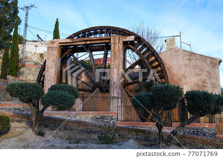 Ancient arabic mill, water noria at Abaran village in Murcia region Spain Europe Ancient arabic mill, water noria at Abaran village in Murcia region Spain Europe 77071769