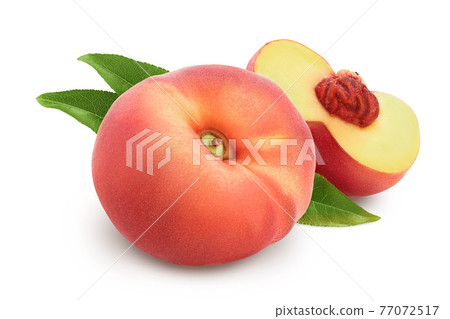 Ripe chinese flat peach fruit with leaf isolated on white background with clipping path and full depth of field 77072517