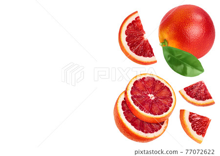 Blood red oranges slices isolated on white background. Top view with copy space for your text. Flat lay Blood red oranges slices isolated on white background. Top view with copy space for your text. Flat lay 77072622