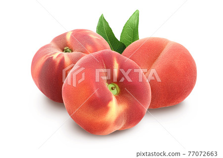 Ripe chinese flat peach fruit with leaf isolated on white background with clipping path and full depth of field Ripe chinese flat peach fruit with leaf isolated on white background with clipping path and full depth of field 77072663
