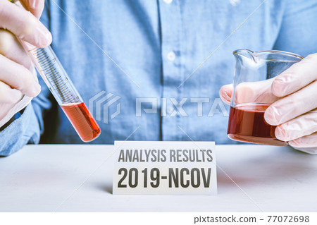 White card with the inscription analysis results 2019-ncov with a test tube and medical equipment in the hands of a doctor in gloves. White card with the inscription analysis results 2019-ncov with a test tube and medical equipment in the hands of a doctor in gloves. 77072698