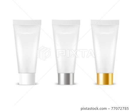 Vector 3d Realistic Plastic, Metal White Tooth Paste, Cream Tube, Packing Set Isolated on White Background. Design Template of Toothpaste, Cosmetics, Cream, Tooth Paste for Mockup. Front View 77072785