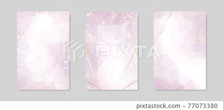 Abstract dusty lavender liquid watercolor background with golden lines, frame and stains. Pastel marble alcohol ink drawing effect. Vector illustration of acrylic fluid art painting 77073380