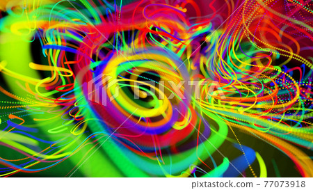 Visualization of neural network operation, multicolor bg. Abstract lines of light streaks in air. Stream of lines forms curled lines like glow light trails, pattern like curle noise. 3d render 77073918