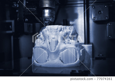 3D printer prints the form of molten plastic white. 3D printer prints the form of molten plastic white. 77074161