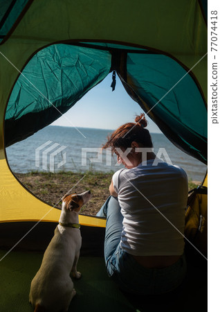 View from a tourist tent on a woman playing with a dog on the seashore 77074418