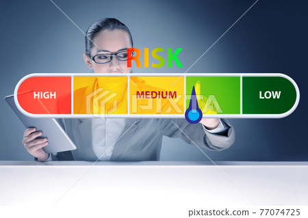 Businesswoman in risk metering and management concept 77074725