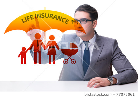 Life insurance concept with businessman pressing button 77075061