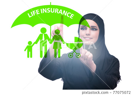 Life insurance concept with businesswoman pressing button Life insurance concept with businesswoman pressing button 77075072