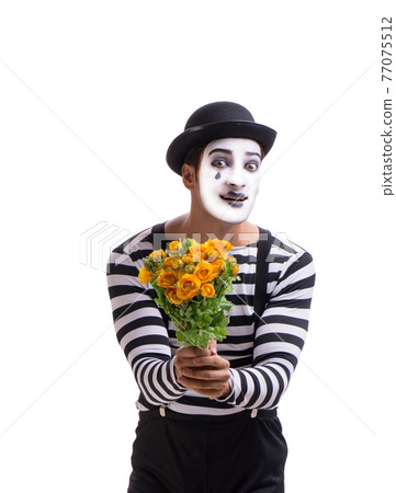 Mime with bunch of flowers isolated on white Mime with bunch of flowers isolated on white 77075512
