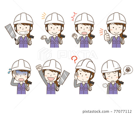 Facial expression pose set of a construction worker woman wearing a helmet Facial expression pose set of a construction worker woman wearing a helmet 77077112
