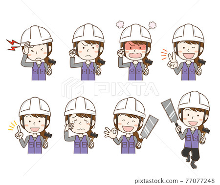 Facial expression pose set of a construction worker woman wearing a helmet Facial expression pose set of a construction worker woman wearing a helmet 77077248